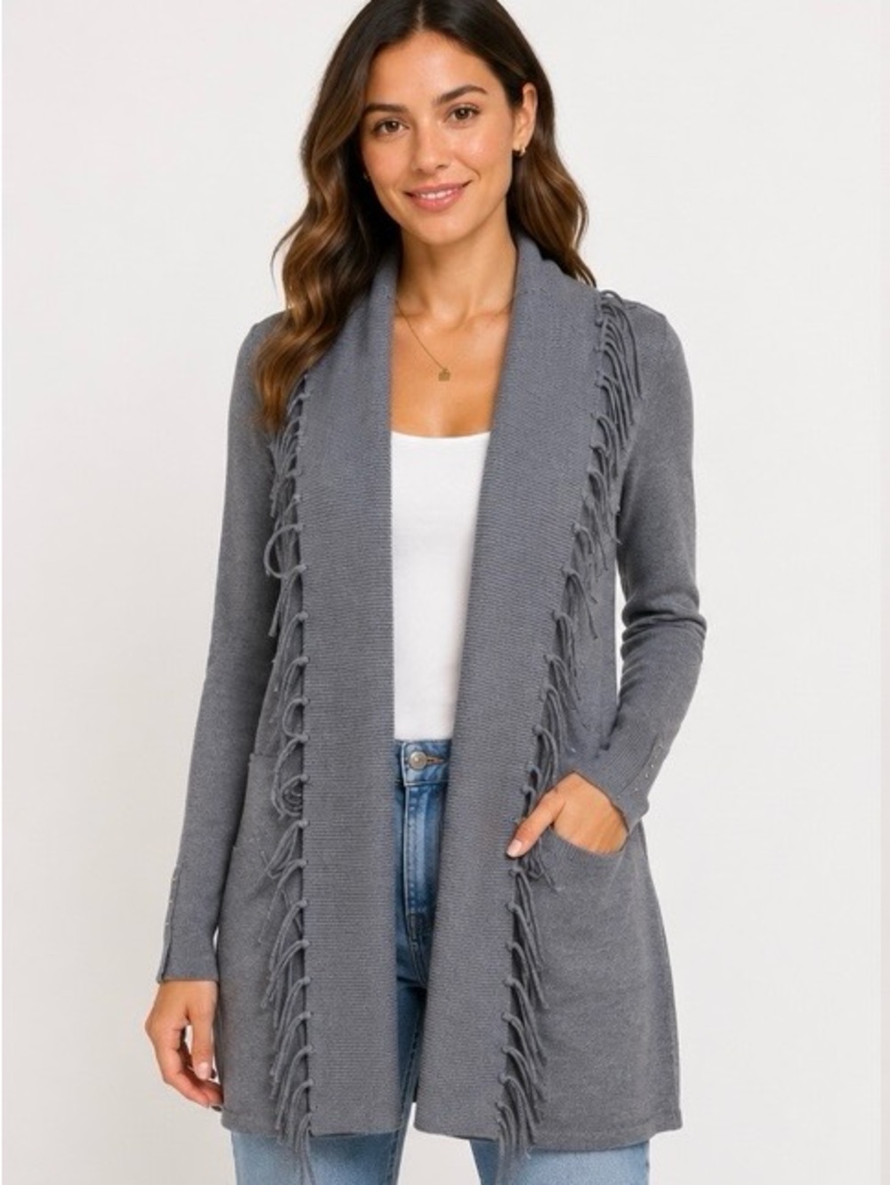 White House Black Market Women’s XS Gray Fringe Open Cardigan Sweater